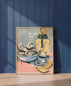 Oysters Champagne Still Life Art art print shown in a blue wall paneled setting