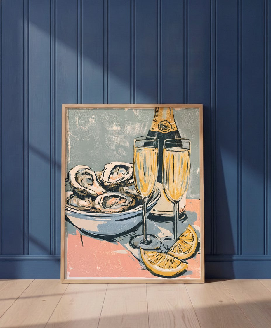 Oysters Champagne Still Life Art art print shown in a blue wall paneled setting