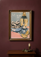 Oysters Champagne Still Life Art art print shown in a burgundy brass setting