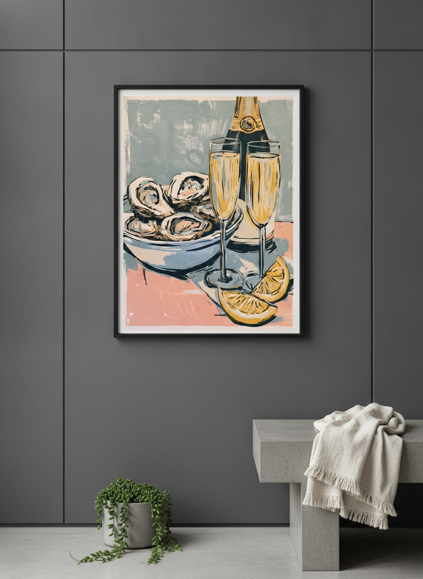 Oysters Champagne Still Life Art art print shown in a charcoal minimal black setting