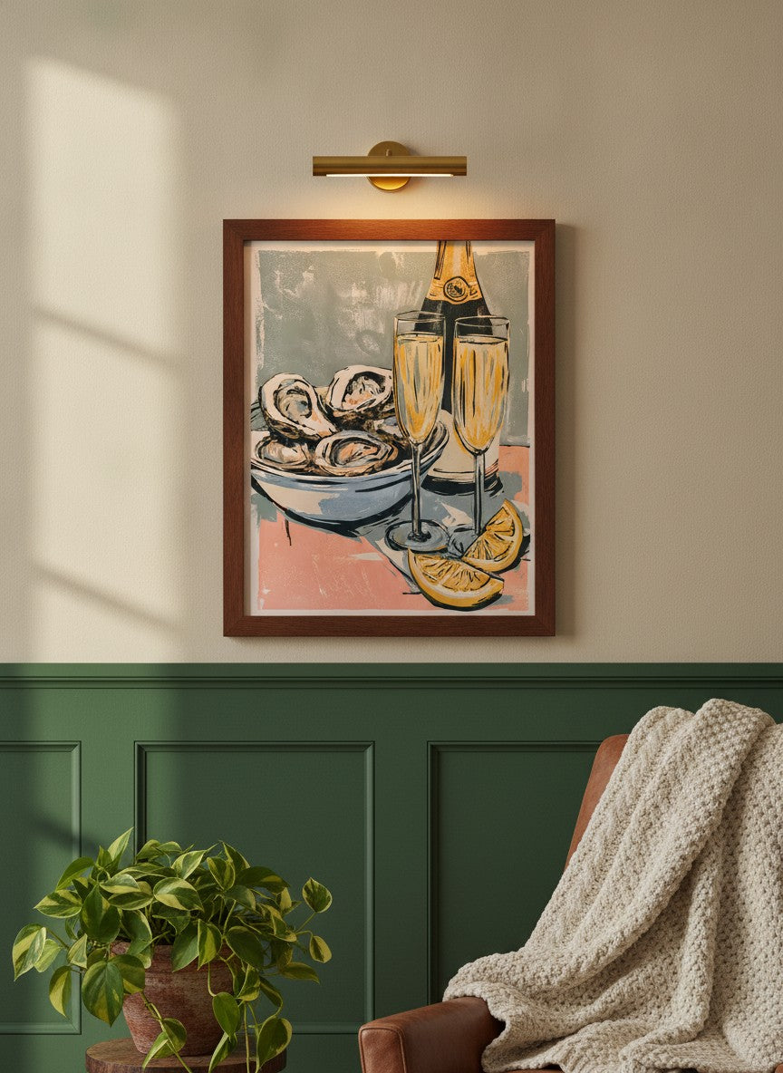 Oysters Champagne Still Life Art art print shown in a forest green walnut setting
