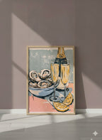 Oysters Champagne Still Life Art art print shown in a purple setting