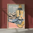Oysters Champagne Still Life Art art print shown in a red setting