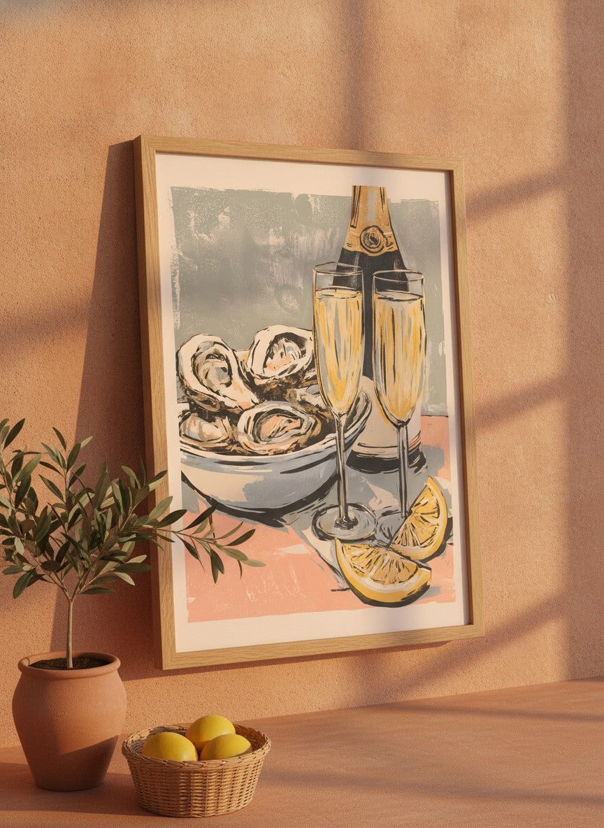Oysters Champagne Still Life Art art print shown in a terracotta rustic setting
