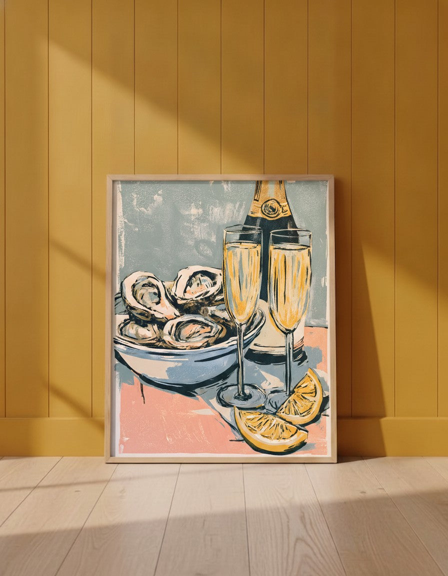 Oysters Champagne Still Life Art art print shown in a yellow wall setting