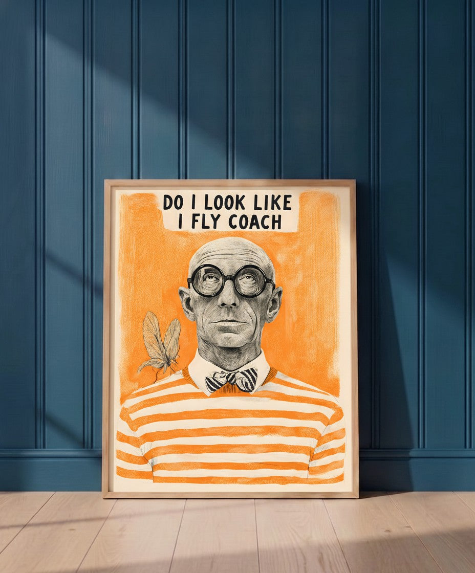 Funny Snobbish Man Portrait Art art print shown in a blue 1 setting
