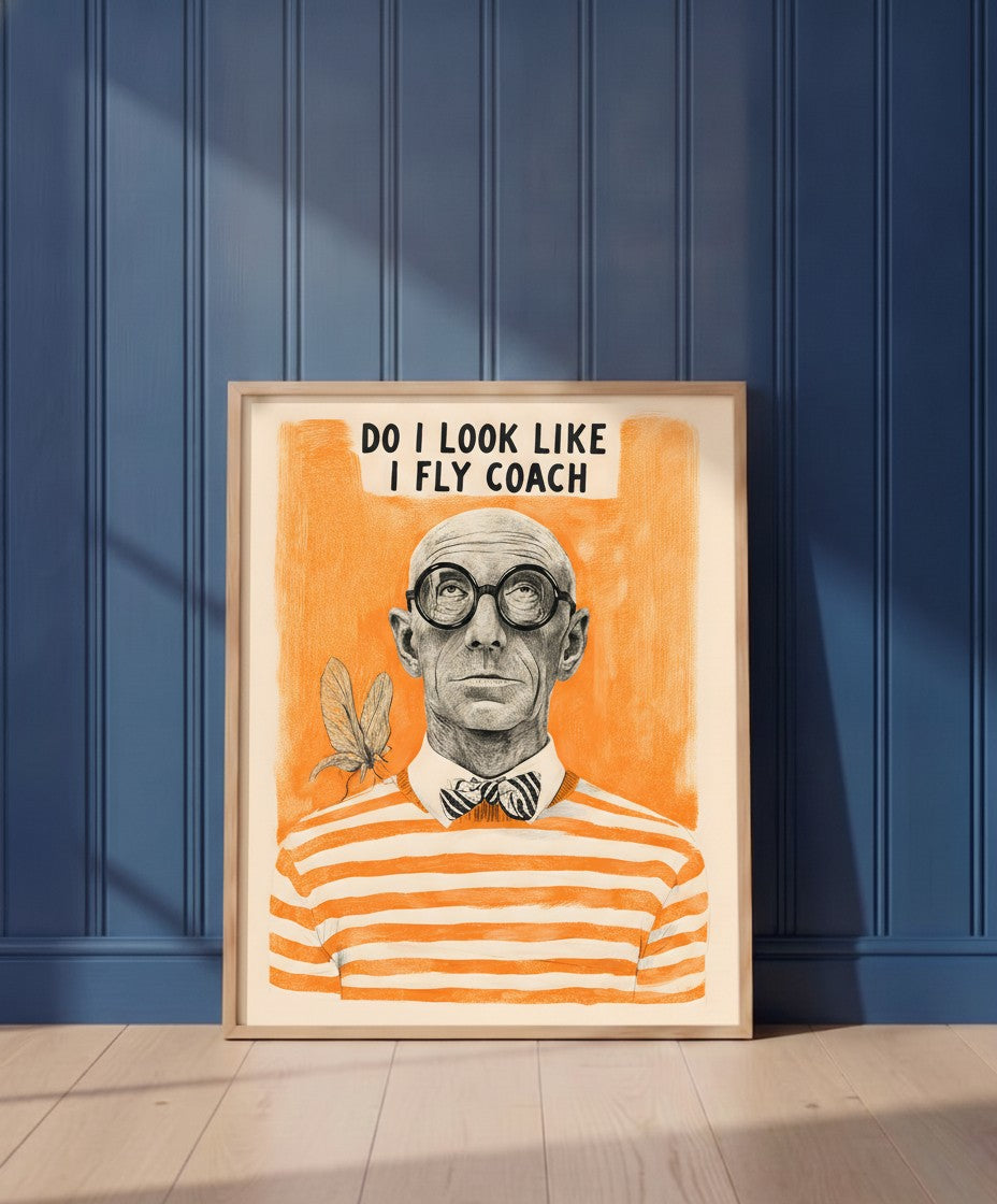 Funny Snobbish Man Portrait Art art print shown in a blue wall paneled setting