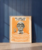 Funny Snobbish Man Portrait Art art print shown in a blue wall paneled setting