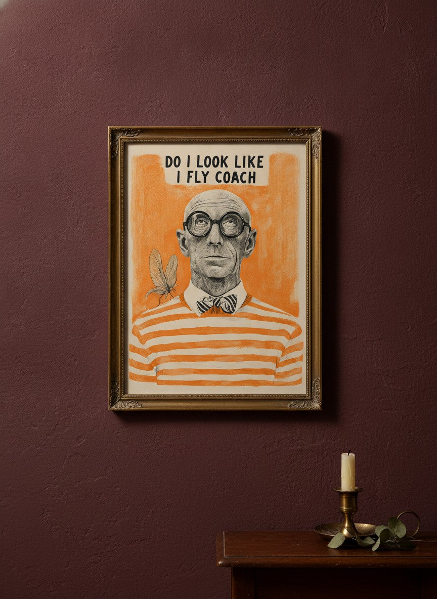 Funny Snobbish Man Portrait Art art print shown in a burgundy brass setting