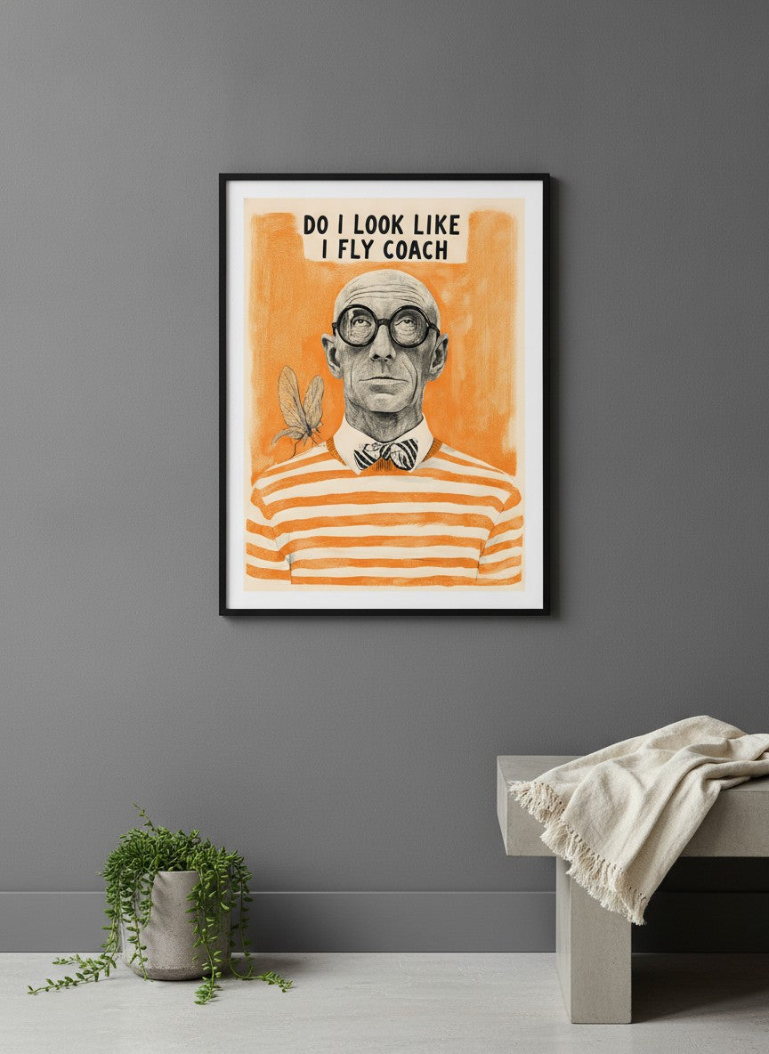 Funny Snobbish Man Portrait Art art print shown in a charcoal minimal black setting