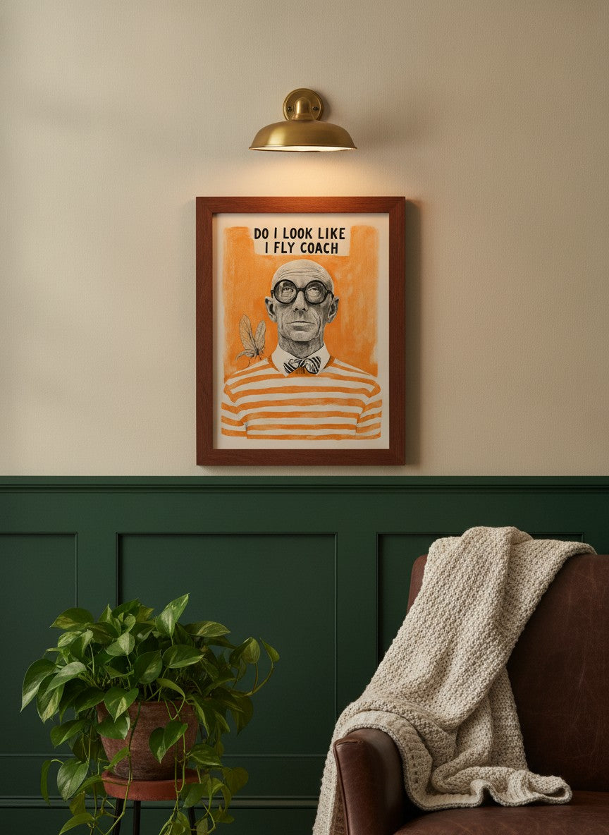Funny Snobbish Man Portrait Art art print shown in a forest green walnut setting