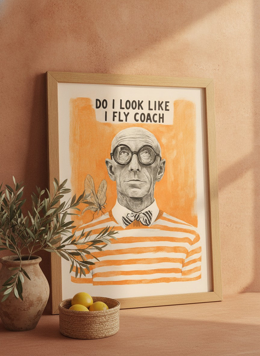 Funny Snobbish Man Portrait Art art print shown in a terracotta rustic setting