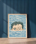Block Print Swimmer Emerging Water art print shown in a blue 1 setting