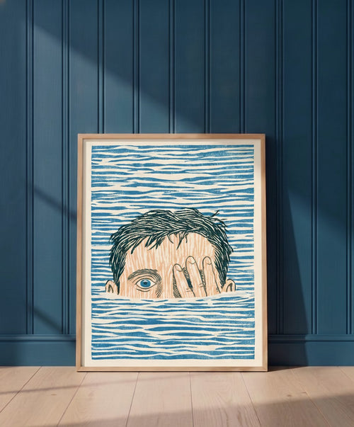 Block Print Swimmer Emerging Water art print shown in a blue 1 setting