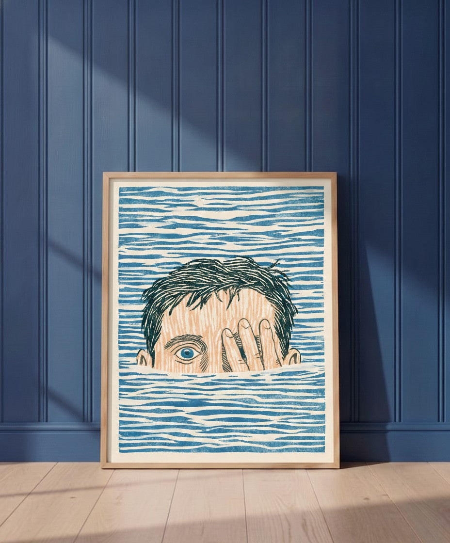 Block Print Swimmer Emerging Water art print shown in a blue wall paneled setting