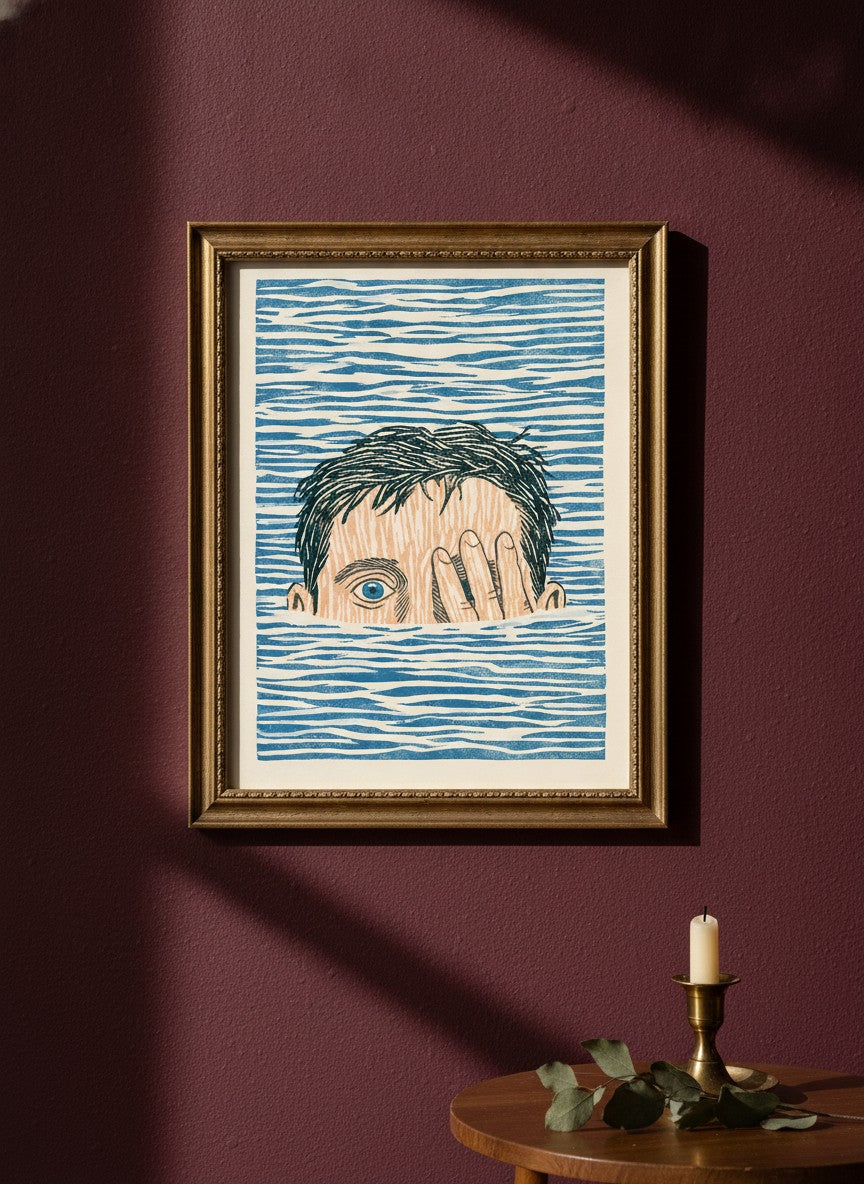 Block Print Swimmer Emerging Water art print shown in a burgundy brass setting