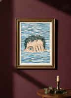 Block Print Swimmer Emerging Water art print shown in a burgundy brass setting