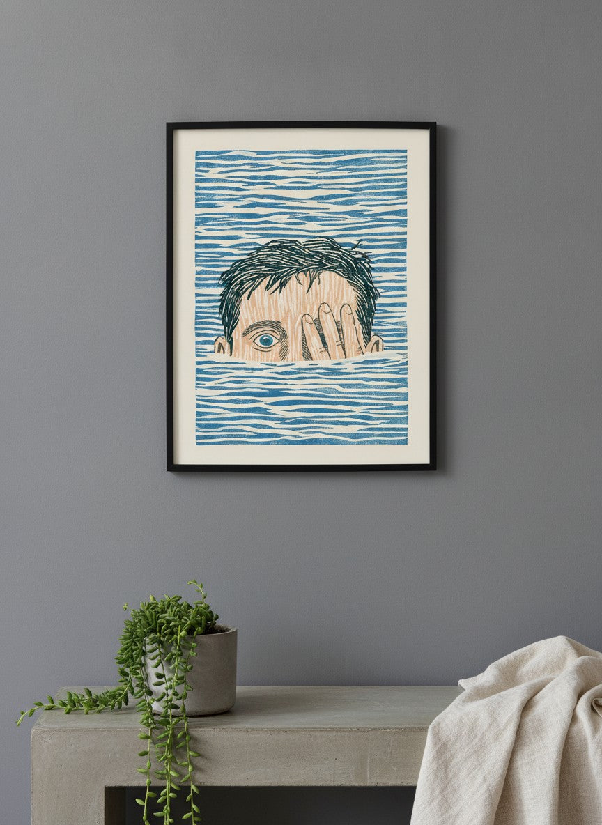 Block Print Swimmer Emerging Water art print shown in a charcoal minimal black setting