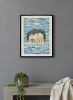 Block Print Swimmer Emerging Water art print shown in a charcoal minimal black setting