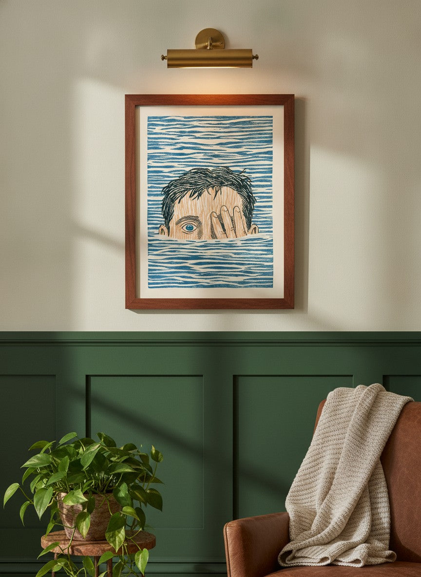Block Print Swimmer Emerging Water art print shown in a forest green walnut setting
