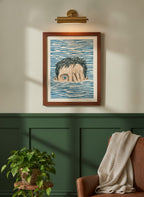 Block Print Swimmer Emerging Water art print shown in a forest green walnut setting