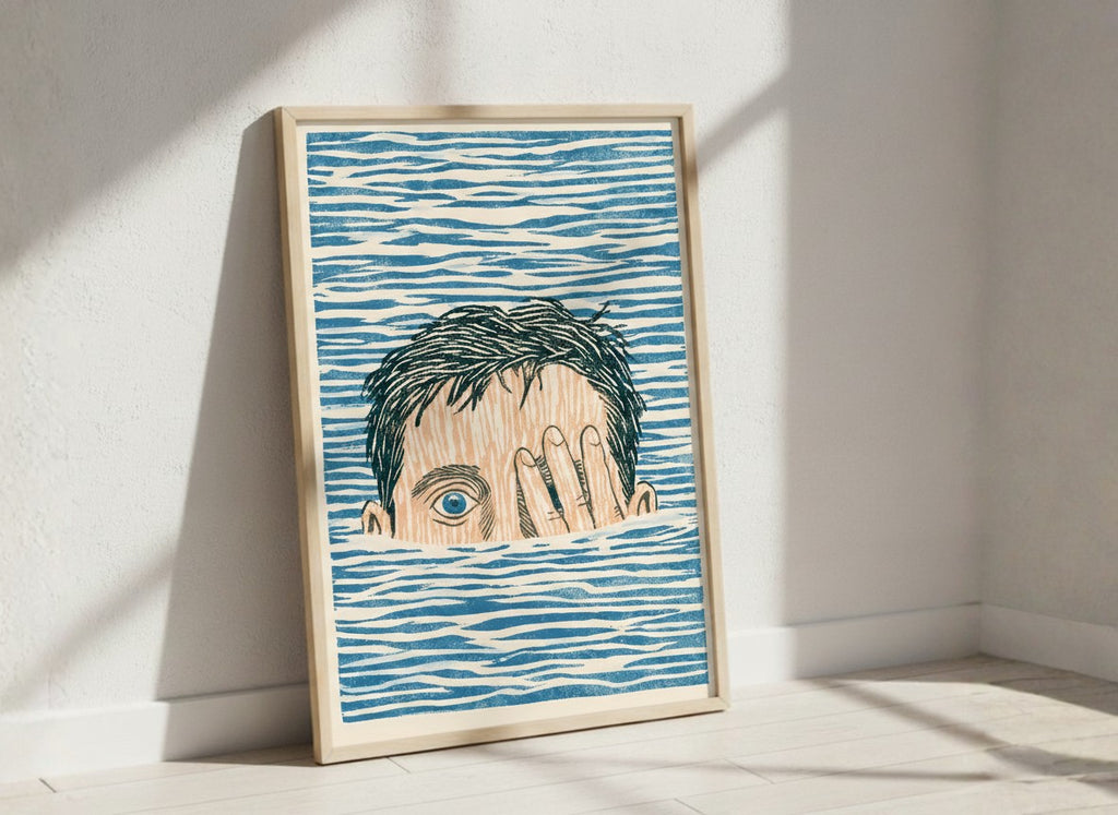 Block Print Swimmer Emerging Water art print