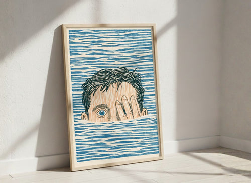 Block Print Swimmer Emerging Water art print