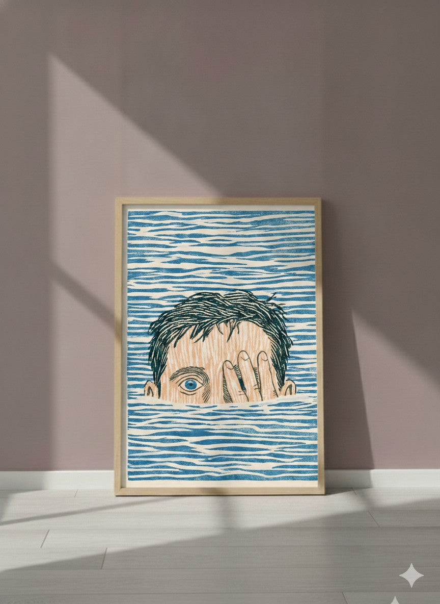 Block Print Swimmer Emerging Water art print shown in a purple setting