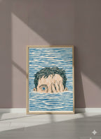 Block Print Swimmer Emerging Water art print shown in a purple setting
