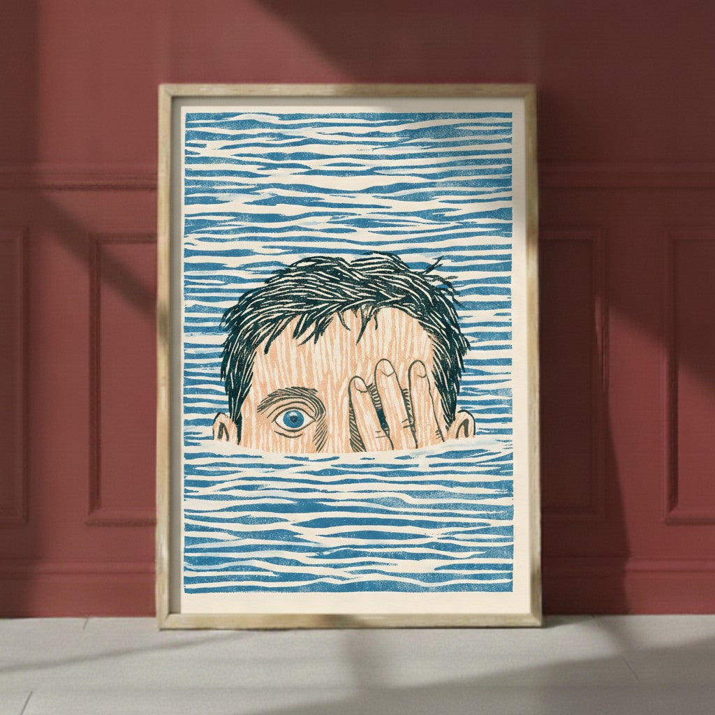 Block Print Swimmer Emerging Water art print shown in a red setting