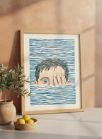 Block Print Swimmer Emerging Water art print shown in a terracotta rustic setting