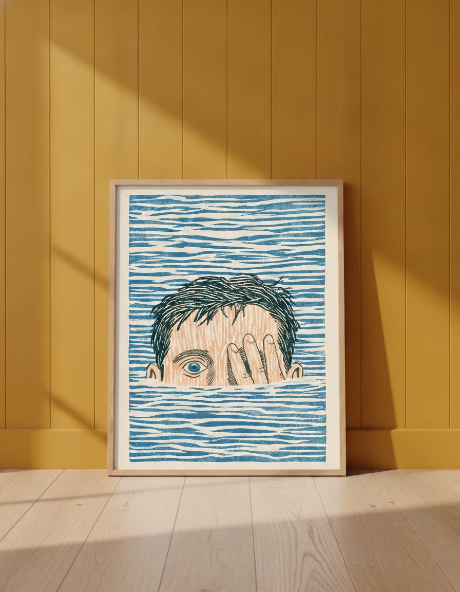 Block Print Swimmer Emerging Water art print shown in a yellow wall setting