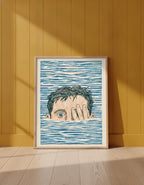 Block Print Swimmer Emerging Water art print shown in a yellow wall setting