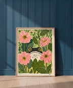 Frog Pink Flower Garden Art art print shown in a blue 1 setting