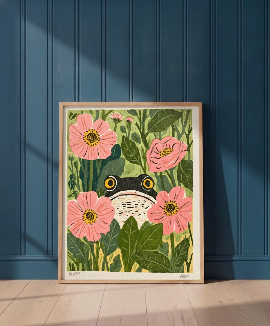 Frog Pink Flower Garden Art art print shown in a blue 1 setting