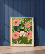 Frog Pink Flower Garden Art art print shown in a blue wall paneled setting