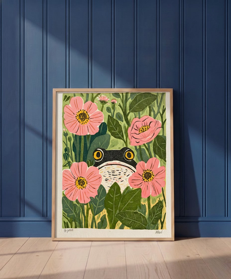 Frog Pink Flower Garden Art art print shown in a blue wall paneled setting