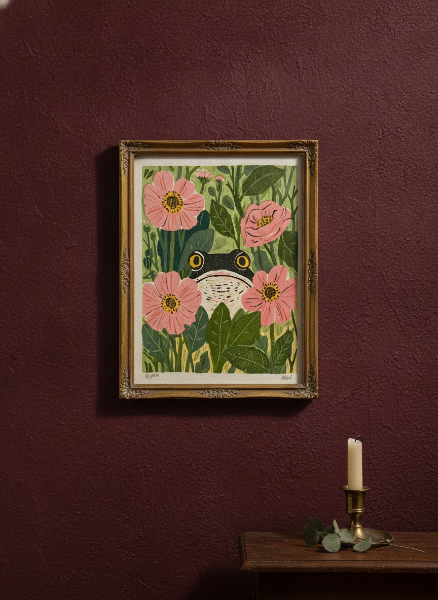 Frog Pink Flower Garden Art art print shown in a burgundy brass setting