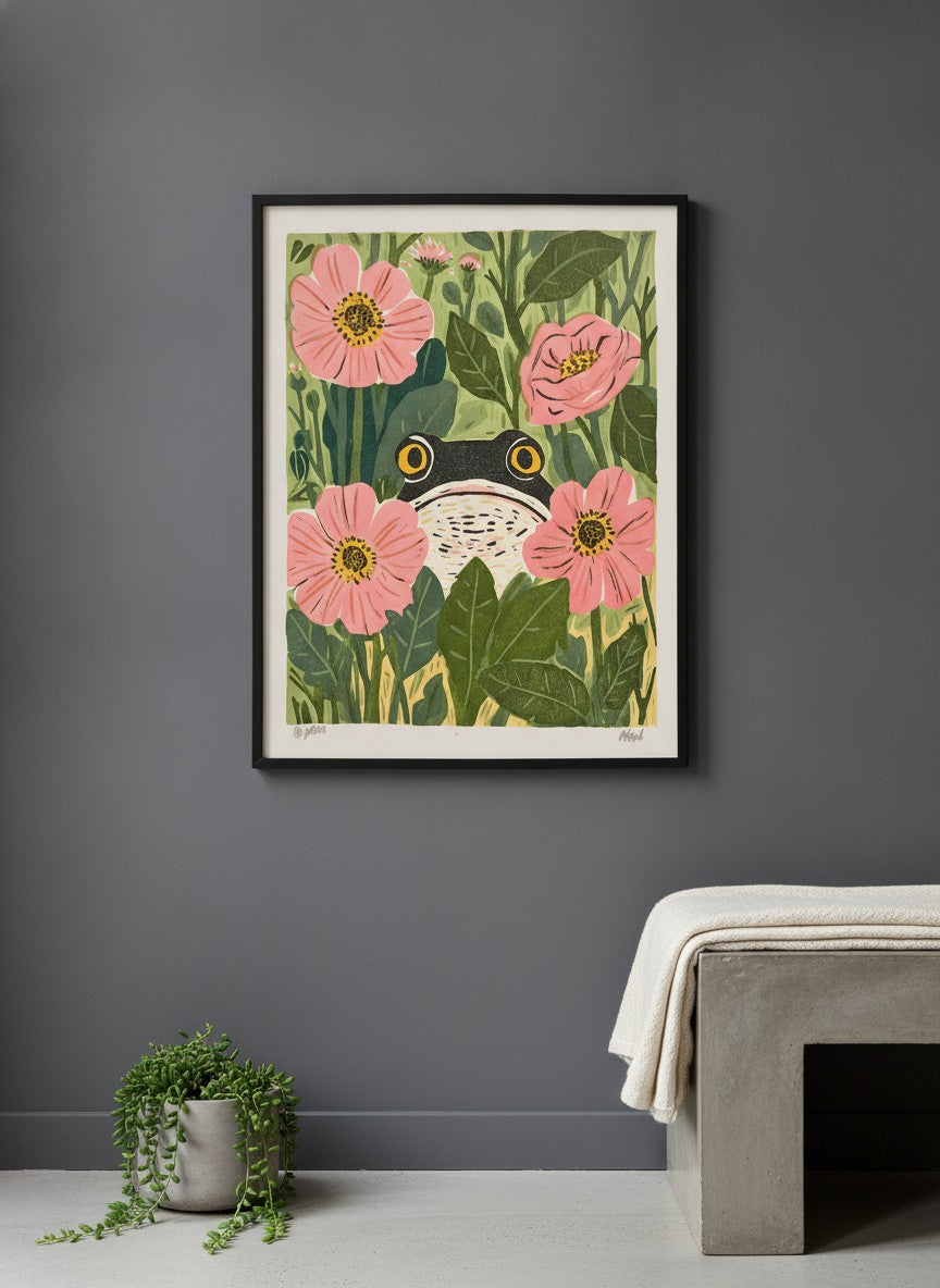 Frog Pink Flower Garden Art art print shown in a charcoal minimal black setting