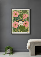 Frog Pink Flower Garden Art art print shown in a charcoal minimal black setting
