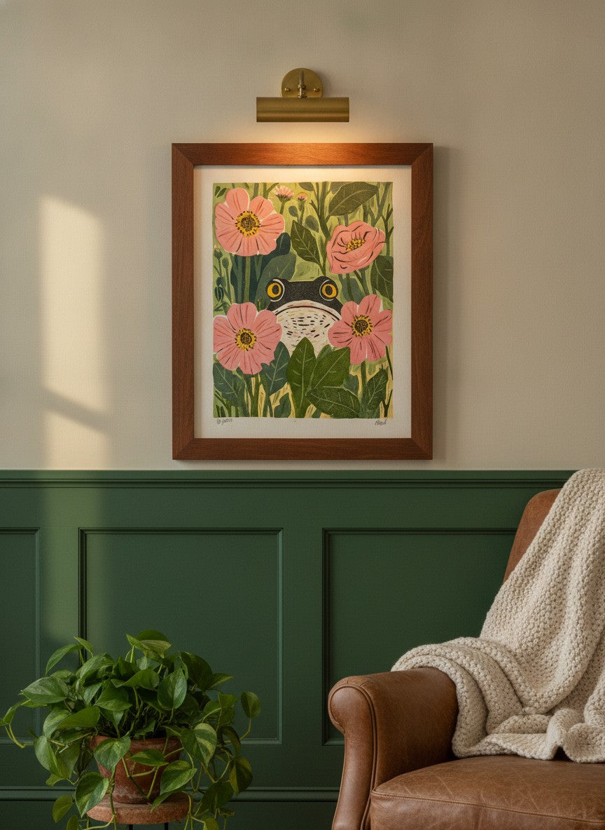 Frog Pink Flower Garden Art art print shown in a forest green walnut setting