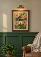 Frog Pink Flower Garden Art art print shown in a forest green walnut setting