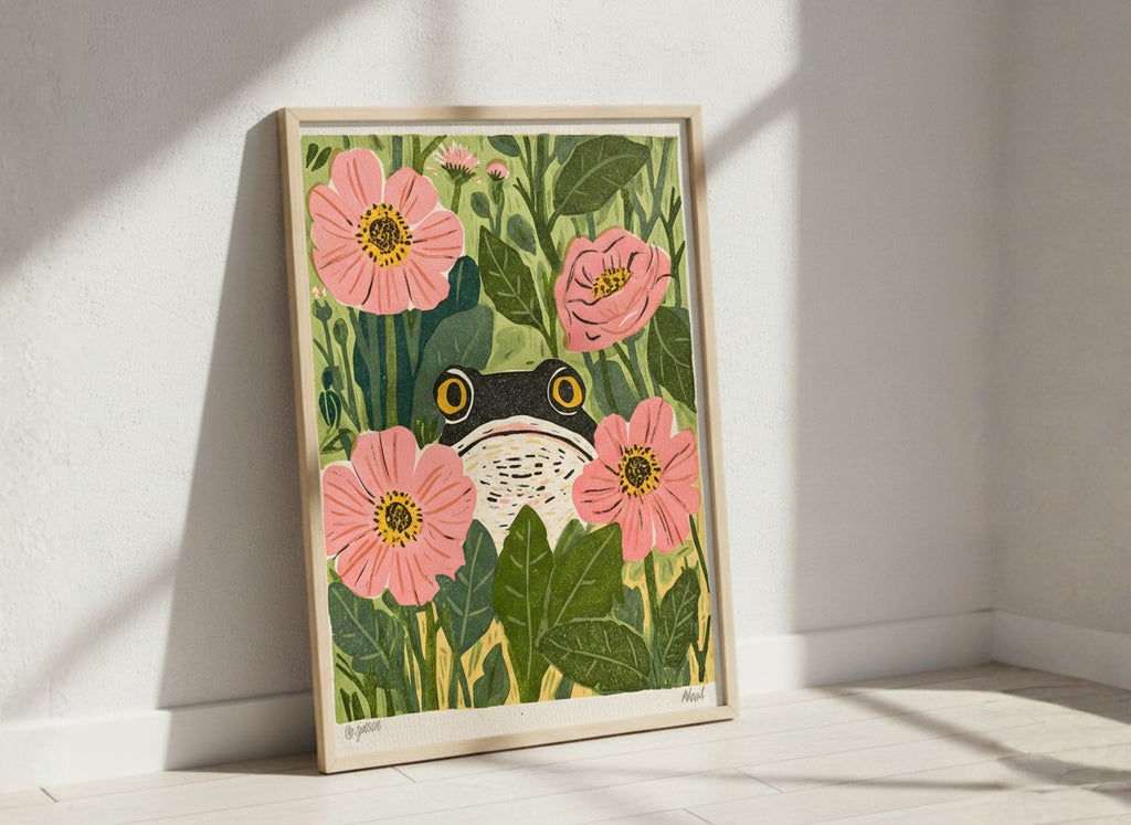 Frog Pink Flower Garden Art art print