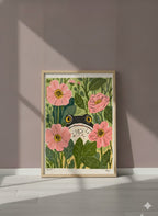 Frog Pink Flower Garden Art art print shown in a purple setting