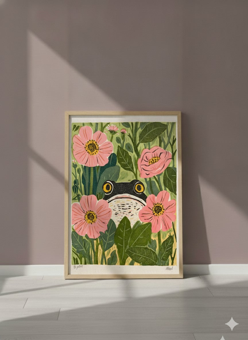 Frog Pink Flower Garden Art art print shown in a purple setting