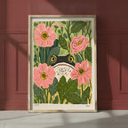 Frog Pink Flower Garden Art art print shown in a red setting