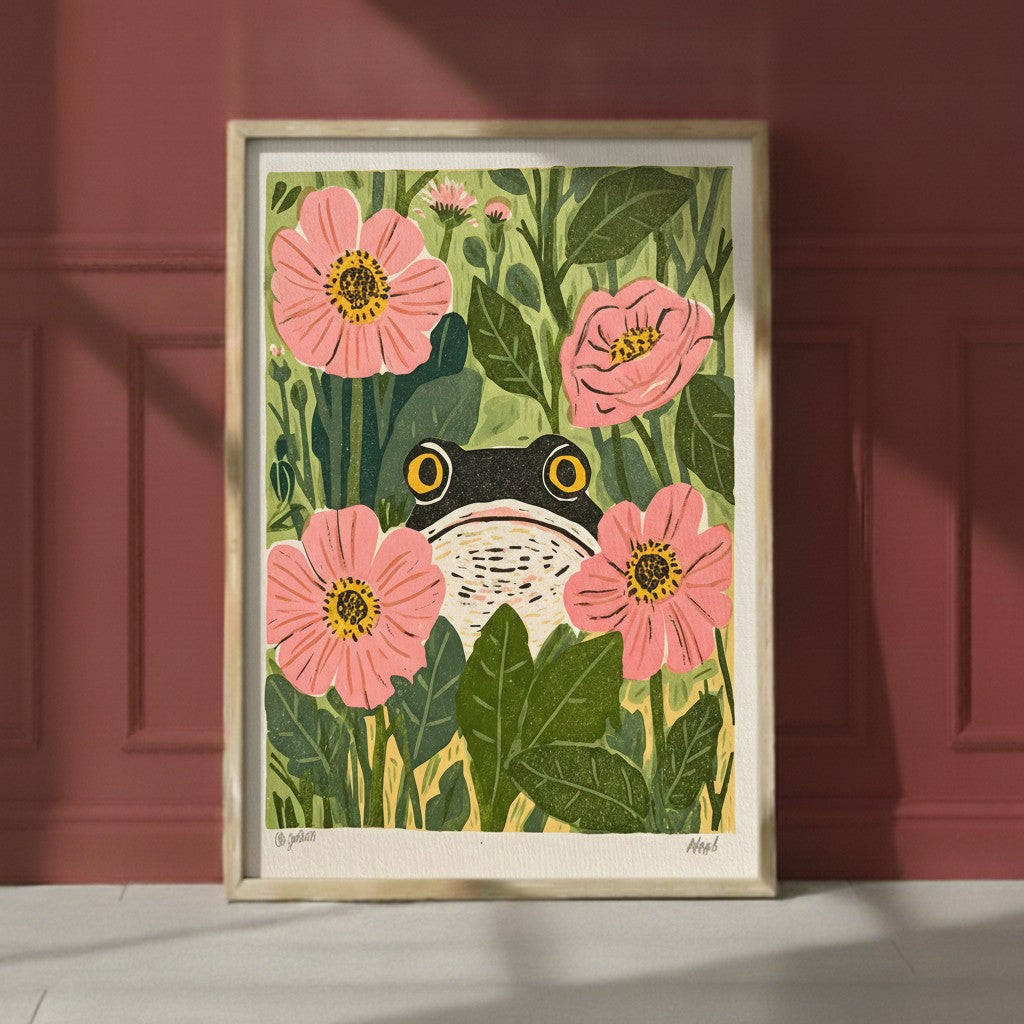 Frog Pink Flower Garden Art art print shown in a red setting