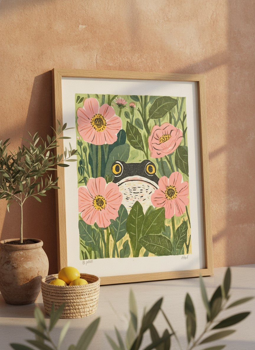 Frog Pink Flower Garden Art art print shown in a terracotta rustic setting