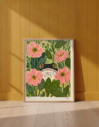 Frog Pink Flower Garden Art art print shown in a yellow wall setting