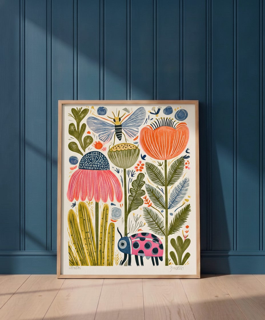 Folk Art Garden Botanical Print art print shown in a blue 1 setting